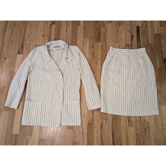 Vintage Norton McNaughton Linen Skirt Suit Ladies Small Cream W Black Stripes - Picture 2 of 16